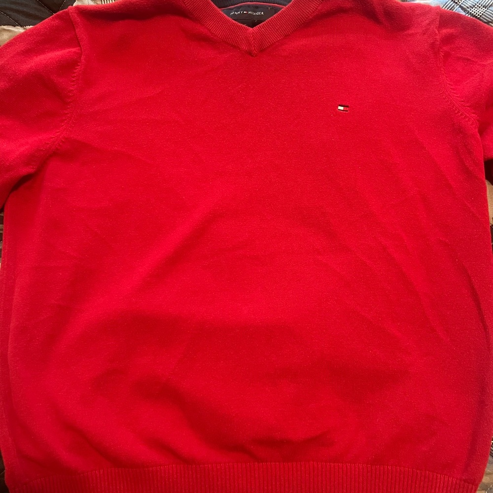 Tommy Hilfiger Red V-Neck Logo Sweater Men’s Size Large